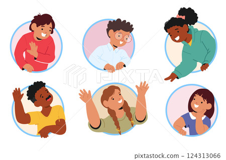 Peeking children round portrait set with cute girls and boys smiling gesturing greeting sign Peeking children round portrait set with cute girls and boys smiling gesturing greeting sign 124313066