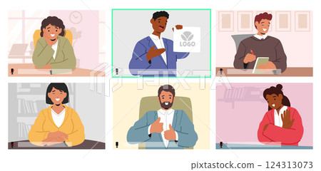 Company employees team telecommuting participating in online business meeting cartoon scene Company employees team telecommuting participating in online business meeting cartoon scene 124313073