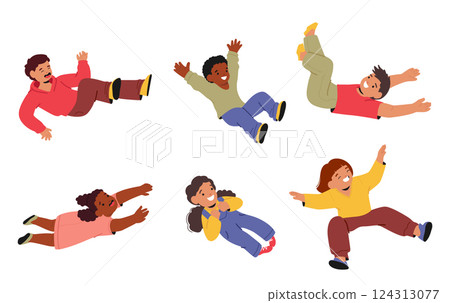 Overjoyed happy children characters floating in air cartoon set isolated on white background Overjoyed happy children characters floating in air cartoon set isolated on white background 124313077