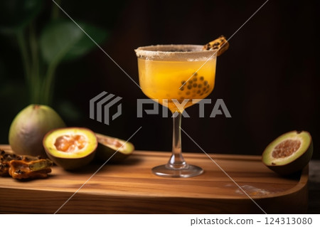 Fresh drink cocktail with black bubbles fruits on wooden tray. Generated AI 124313080
