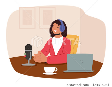 Pretty woman blogger recording audio podcast for females in cozy comfortable studio cartoon scene 124313081