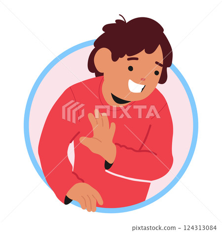 Smiling boy child cartoon character waving greeting gesture with hand peeking out of round frame 124313084