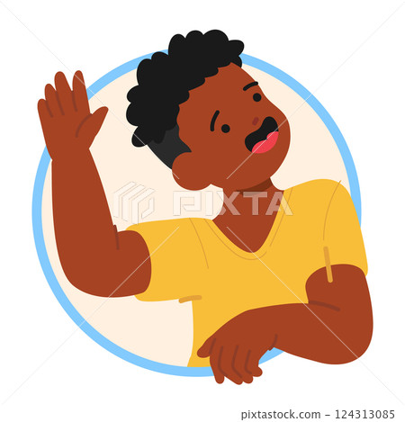 Funny boy child with friendly smile on face looking upward peeking out round frame waving hand Funny boy child with friendly smile on face looking upward peeking out round frame waving hand 124313085