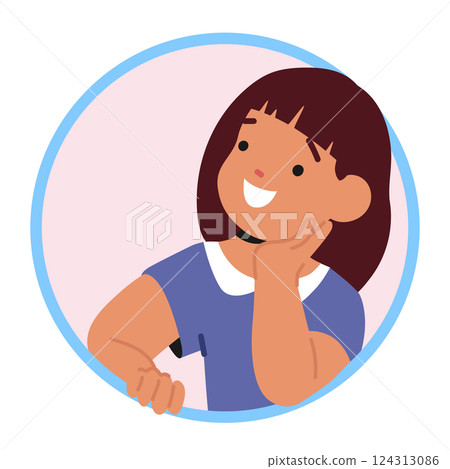 Dreamy little preschool girl child smiling expressing positive mood and inspiration round portrait 124313086