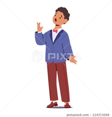 Preschool boy cartoon character wearing concert suit singing song participating in musical party Preschool boy cartoon character wearing concert suit singing song participating in musical party 124313089