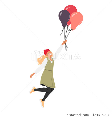 Cute romantic girl child character soaring with colorful festive balloons in hands isolated on white Cute romantic girl child character soaring with colorful festive balloons in hands isolated on white 124313097