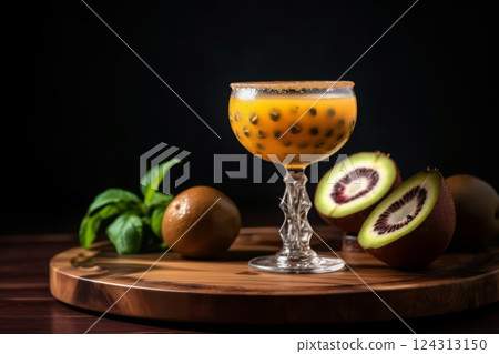 Fresh drink cocktail with black bubbles fruits on wooden tray near fruits. Generated AI 124313150