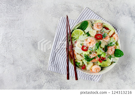 Thai salad with shrimp and rice noodles, pineapple slices, coriander and mint leaves, homemade , no people, Thai salad with shrimp and rice noodles, pineapple slices, coriander and mint leaves, homemade , no people, 124313216
