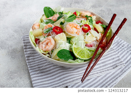 Thai salad with shrimp and rice noodles, pineapple slices, coriander and mint leaves, homemade , no people, Thai salad with shrimp and rice noodles, pineapple slices, coriander and mint leaves, homemade , no people, 124313217