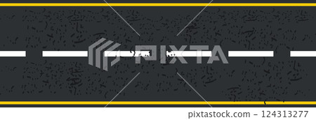 Aerial top view road seamless background texture with marking lines, Highway gray asphalt track border. Aerial top view road seamless background texture with marking lines, Highway gray asphalt track border. 124313277