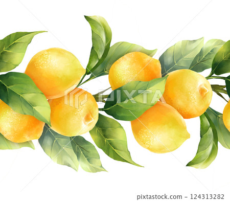 Hand-drawn pattern, seamless fruit border of lemons and leaves. Hand-drawn pattern, seamless fruit border of lemons and leaves. 124313282