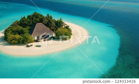 Tropical island beach view with a house 124313416