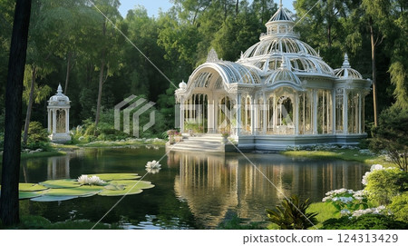 Elegant glass pavilion by a serene pond surrounded by lush greenery in a tranquil garden setting Elegant glass pavilion by a serene pond surrounded by lush greenery in a tranquil garden setting 124313429