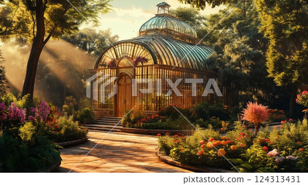 Lush greenery fills a sunlit conservatory with tropical plants and serene water features during a tranquil morning Lush greenery fills a sunlit conservatory with tropical plants and serene water features during a tranquil morning 124313431