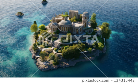 Mysterious castle on an isolated island surrounded by calm waters at sunrise 124313442