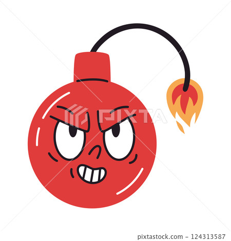 Angry bomb character. Cartoon funny red bomb mascot, comic bombshell with burning wick flat vector illustration. Cute bomb with comical face emotions 124313587