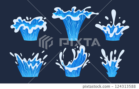 Blue transparent water splashes. Water splashes, aqua liquid drops, flows and waves flat vector illustration set. Clean water splash collection Blue transparent water splashes. Water splashes, aqua liquid drops, flows and waves flat vector illustration set. Clean water splash collection 124313588