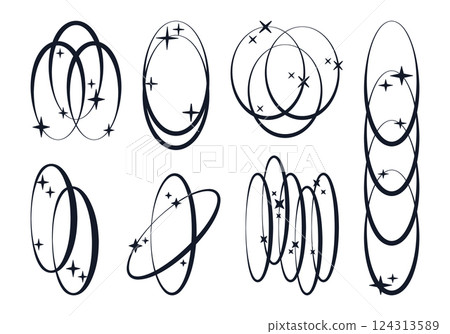 Brutalism graphic frames. Abstract y2k oval frames, brutalist old school shapes with stars and sparkles flat vector illustration set. Y2K ellipse frames 124313589