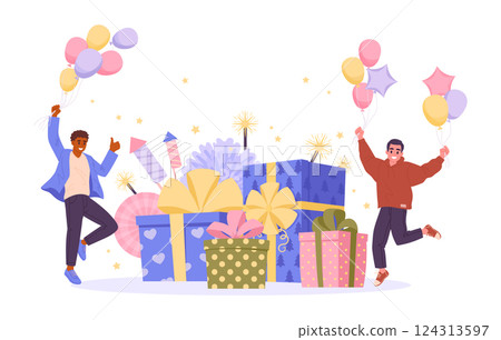 Celebrating people. Holiday celebration, birthday party, male characters dancing around birthday gifts flat vector illustration. Holidays party scene 124313597