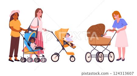 Moms with baby pushchairs. Mothers with baby strollers and carriages, young mothers walking with children in wheeling strollers flat vector illustration. Cartoon parenting scene 124313607