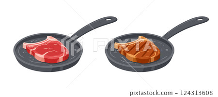 Raw and roasted beef steak. Meat steak on fried pan cooking process, roasted meat semi-finished product flat vector illustration. Cartoon pan-fried steak 124313608