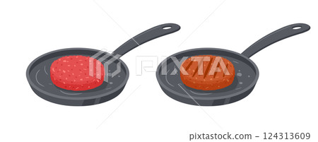 Raw and roasted burger patty. Meat patty on frying pan cooking process, roasted meat semi-finished product flat vector illustration. Cartoon pan-fried burger patty 124313609