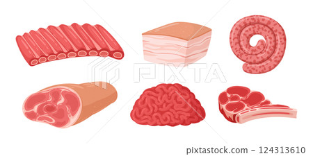 Raw meat food. Cartoon meat, ribs, pork and beef steak, ground beef and sausages flat vector illustration set. Butcher shop meat products collection 124313610