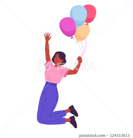 Woman floating with colorful helium balloons. Girl jumping with air balloons in hands flat vector illustration. Cartoon happy female character jumping with balloons 124313613