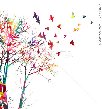 Tree silhouette and flying colored birds. hand drawing. Not AI Vector 124313614