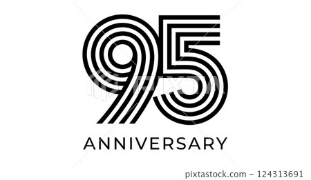 95th anniversary sign, striped geometrical number 95 for greeting card, birthday event design, business marketing materials, wedding jubilee logo. Vector illustration 124313691