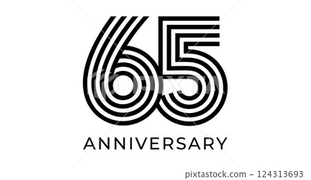 65th anniversary sign, striped geometrical number 65 for greeting card, birthday event design, business marketing materials, wedding jubilee logo. Vector illustration 65th anniversary sign, striped geometrical number 65 for greeting card, birthday event design, business marketing materials, wedding jubilee logo. Vector illustration 124313693
