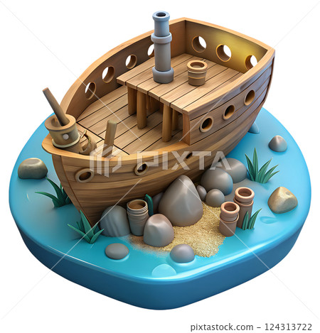 Sunken ship resting in the deep blue ocean surrounded by marine life 3d illustration isolated on the transparent background Sunken ship resting in the deep blue ocean surrounded by marine life 3d illustration isolated on the transparent background 124313722