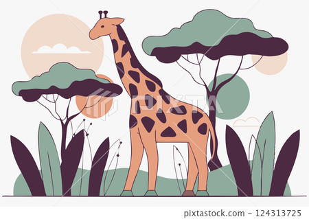 Tall giraffe standing proudly in the african savanna surrounded by golden grasslands, showcasing the beauty of wildlife in its natural habitat 124313725
