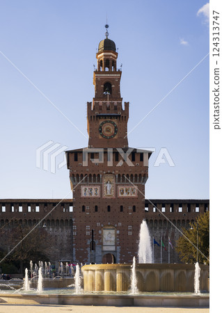 Old medieval Sforza Castle entrance and fountain at sunny day 124313747