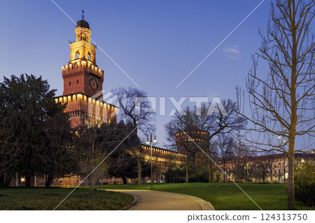 Old medieval Sforza Castle and tower illuminated Old medieval Sforza Castle and tower illuminated 124313750
