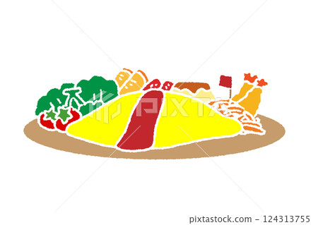 A cute hand-drawn children's lunch set: Omelette rice, fried shrimp, vegetables, tomatoes 124313755