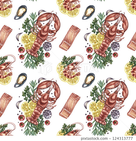 Seamless seafood pattern, lobster with lemon, shrimp, mussels and fish fillet. Handmade watercolor illustration. Color image of seafood dishes. Great for textiles, kitchen decor, menus, packaging. Seamless seafood pattern, lobster with lemon, shrimp, mussels and fish fillet. Handmade watercolor illustration. Color image of seafood dishes. Great for textiles, kitchen decor, menus, packaging. 124313777