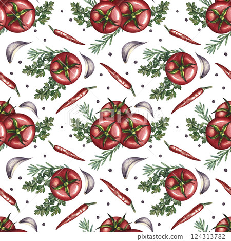 Seamless pattern with vegetables. A hand-drawn watercolor illustration. Color image of tomatoes, garlic, herbs, spices. Great for textiles, kitchen decor, tablecloths, wallpaper, menus and packaging. Seamless pattern with vegetables. A hand-drawn watercolor illustration. Color image of tomatoes, garlic, herbs, spices. Great for textiles, kitchen decor, tablecloths, wallpaper, menus and packaging. 124313782
