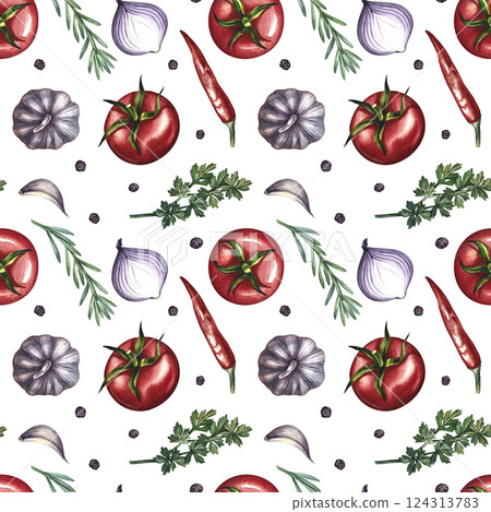 Seamless pattern with vegetables. A hand-drawn watercolor illustration. Color image of tomatoes, garlic, onions, herbs and spices. Great for textiles, kitchen decor, tablecloths, menus, packaging. Seamless pattern with vegetables. A hand-drawn watercolor illustration. Color image of tomatoes, garlic, onions, herbs and spices. Great for textiles, kitchen decor, tablecloths, menus, packaging. 124313783