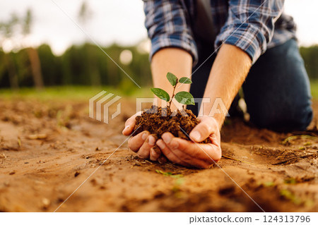 Man in a shirt holds a green plant in his hands. Caring for the environment. 124313796