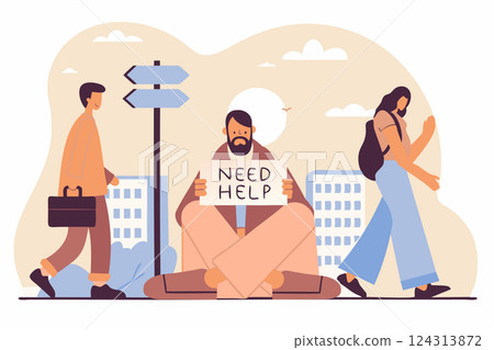 Homeless man begging for help on the street while others people walk by vector illustration 124313872