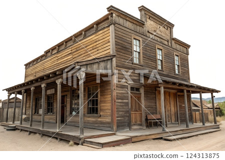 Old western wooden building with rustic facade, wild west style architecture, weathered wood texture 124313875