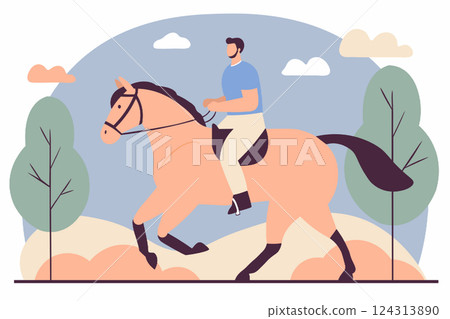 Man riding a horse, vector illustration of countryside adventure, equestrian sport, galloping steed 124313890
