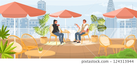 Two individuals sit comfortably at a rooftop cafe, sipping beverages and enjoying the skyline view, surrounded by plants and cozy seating, on a clear day Two individuals sit comfortably at a rooftop cafe, sipping beverages and enjoying the skyline view, surrounded by plants and cozy seating, on a clear day 124313944