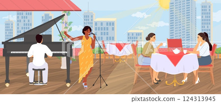 A talented singer performs by a grand piano on a rooftop terrace filled with happy diners. The setting sun casts a warm glow over the city skyline, creating a vibrant atmosphere A talented singer performs by a grand piano on a rooftop terrace filled with happy diners. The setting sun casts a warm glow over the city skyline, creating a vibrant atmosphere 124313945