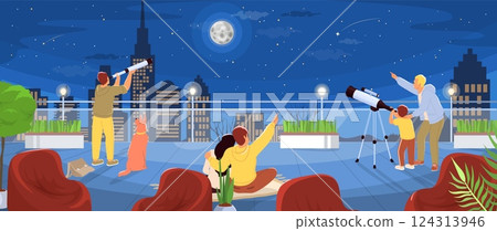 Families gather on a rooftop terrace to look through telescopes at the night sky. They admire the bright moon and distant stars over the city skyline, sharing a joyful moment 124313946