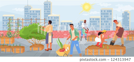 Several individuals engage in gardening activities on a roof garden, planting vegetables and herbs while enjoying the warm sunlight and vibrant city skyline 124313947