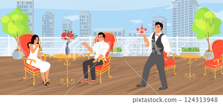 A couple enjoys a meal at a stylish cafe terrace surrounded by a city skyline. A waiter takes their order with vibrant flowers adding charm to the setting A couple enjoys a meal at a stylish cafe terrace surrounded by a city skyline. A waiter takes their order with vibrant flowers adding charm to the setting 124313948