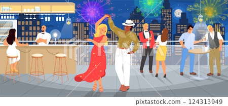 A couple enjoys dancing on a vibrant rooftop, surrounded by partygoers and lively fireworks lighting up the night sky of a city skyline, creating a festive atmosphere 124313949