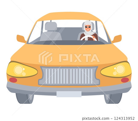A young Muslim woman wearing stylish sunglasses is seen driving a bright orange car in a lively city environment under daylight. She exudes confidence and modernity A young Muslim woman wearing stylish sunglasses is seen driving a bright orange car in a lively city environment under daylight. She exudes confidence and modernity 124313952